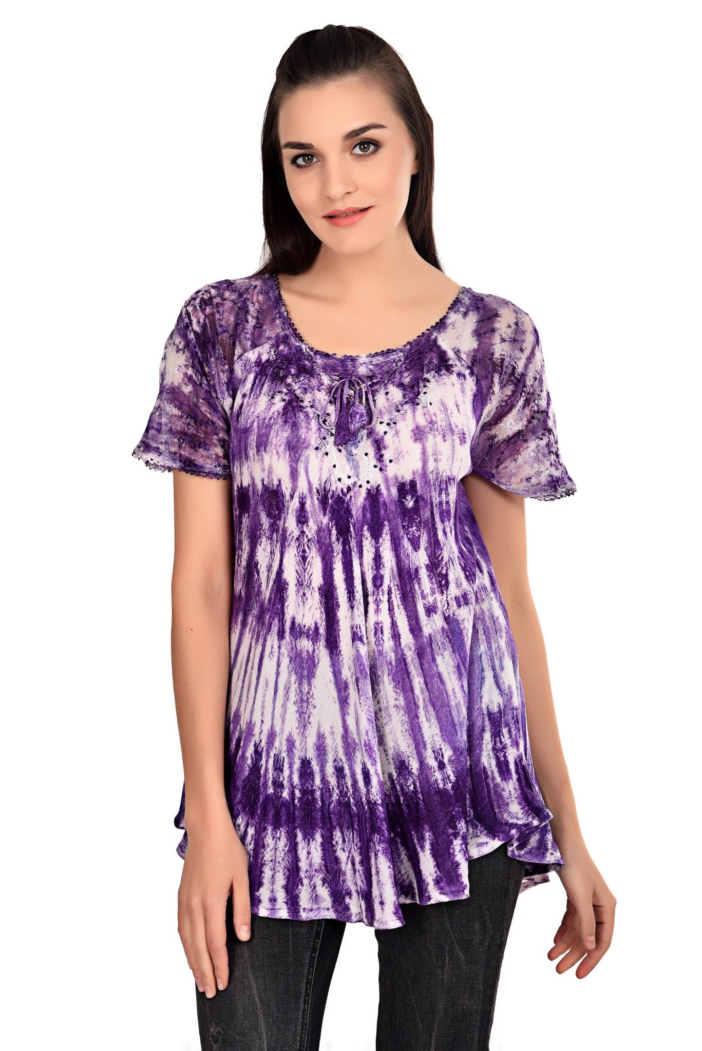 Waterfall Tie Dye Cap Sleeve Blouse 19214 - Advance Apparels Inc