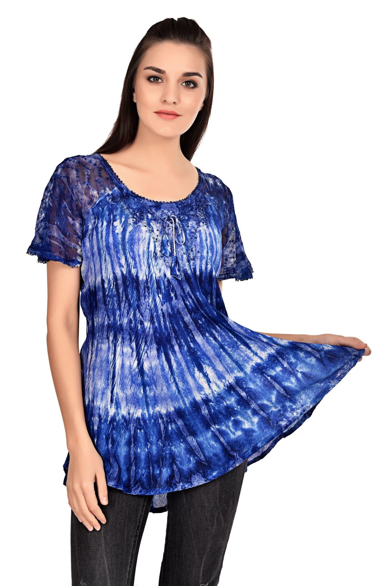 Waterfall Tie Dye Cap Sleeve Blouse 19214 - Advance Apparels Inc