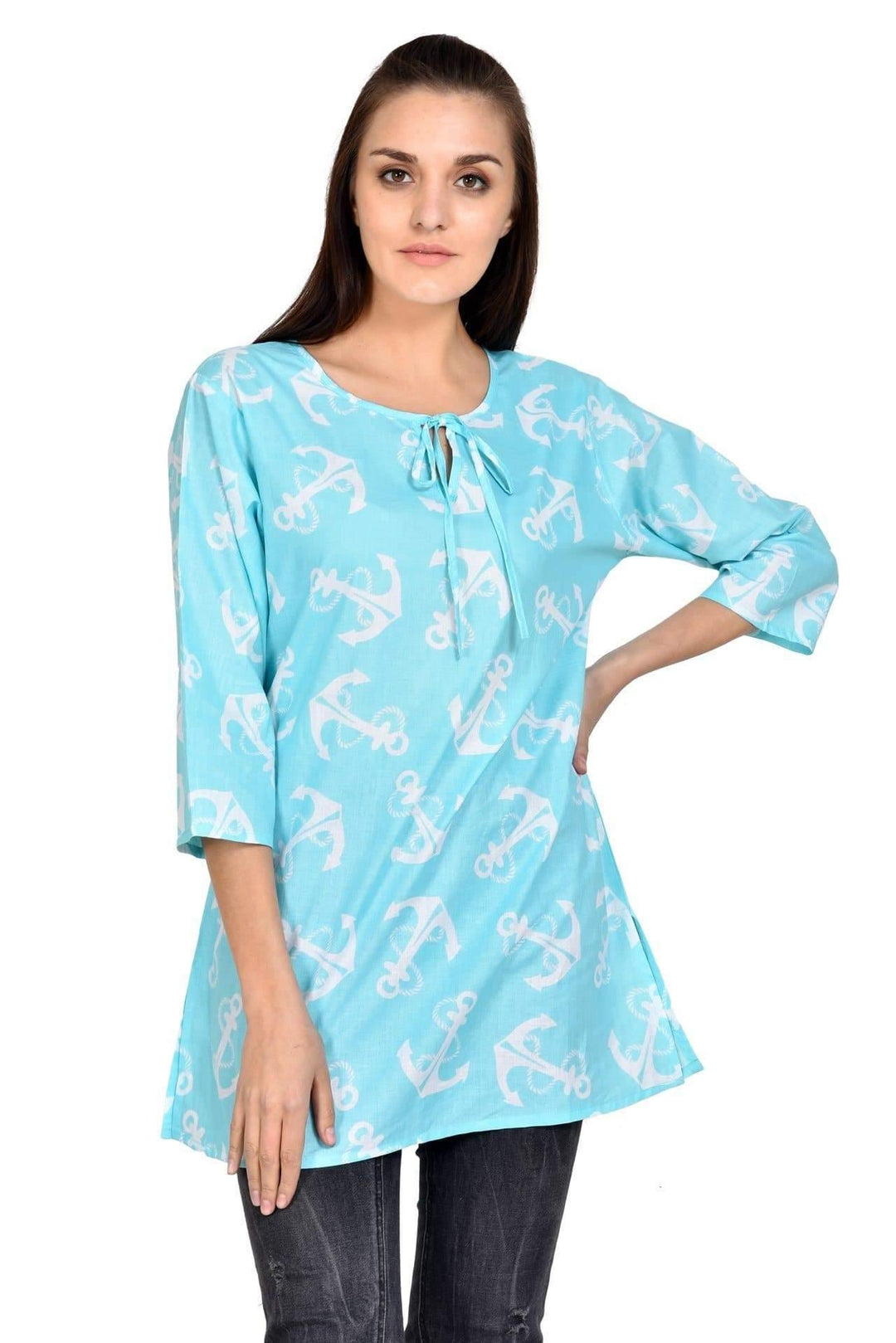 Women's Casual Three Quarter Sleeve Printed Tunic Top Beach Anchor Print (S/M-1X/2X) 19908 - Advance Apparels Inc