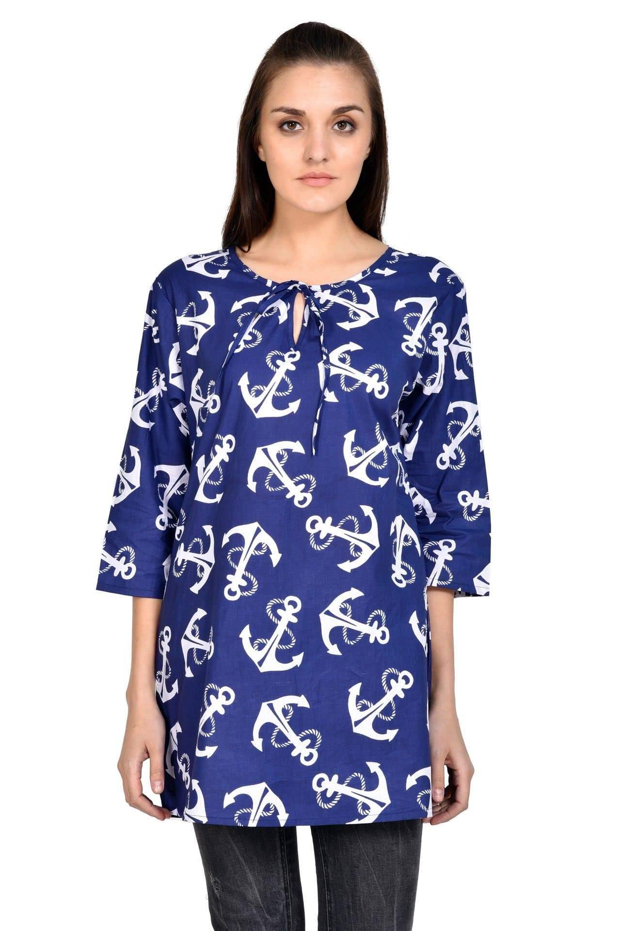 Women's Casual Three Quarter Sleeve Printed Tunic Top Beach Anchor Print (S/M-1X/2X) 19908 - Advance Apparels Inc