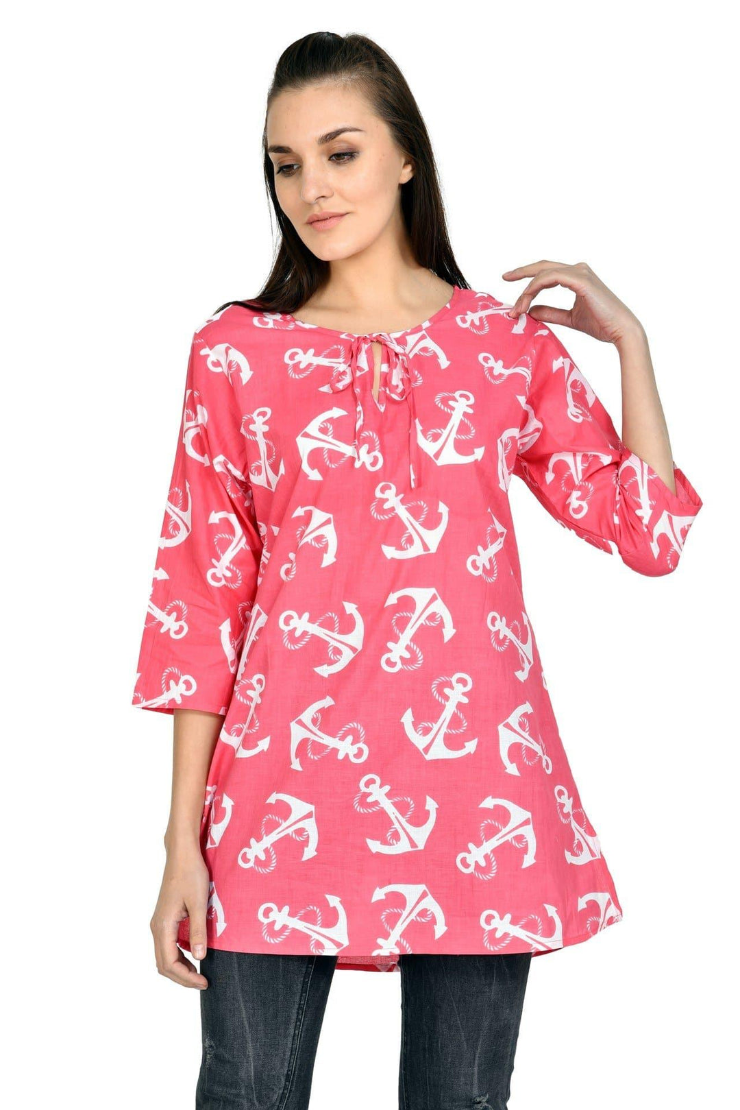 Women's Casual Three Quarter Sleeve Printed Tunic Top Beach Anchor Print (S/M-1X/2X) 19908 - Advance Apparels Inc